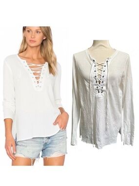 NSF White Lace Up Cotton Long Sleeve Lola Tee Top Small